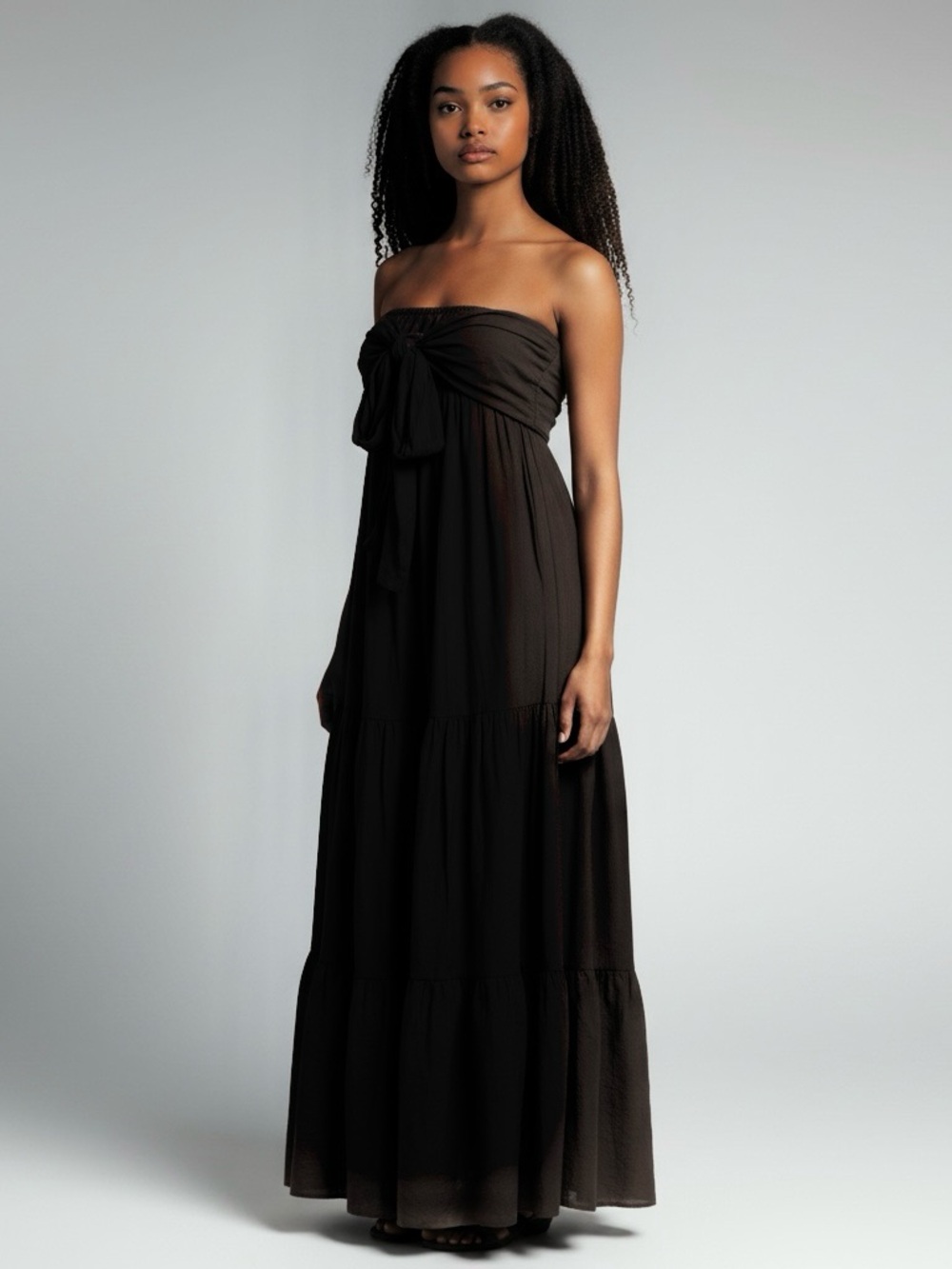 CAOS Womens Size Small Black Strapless Maxi Dress Tie Front Tiered Full